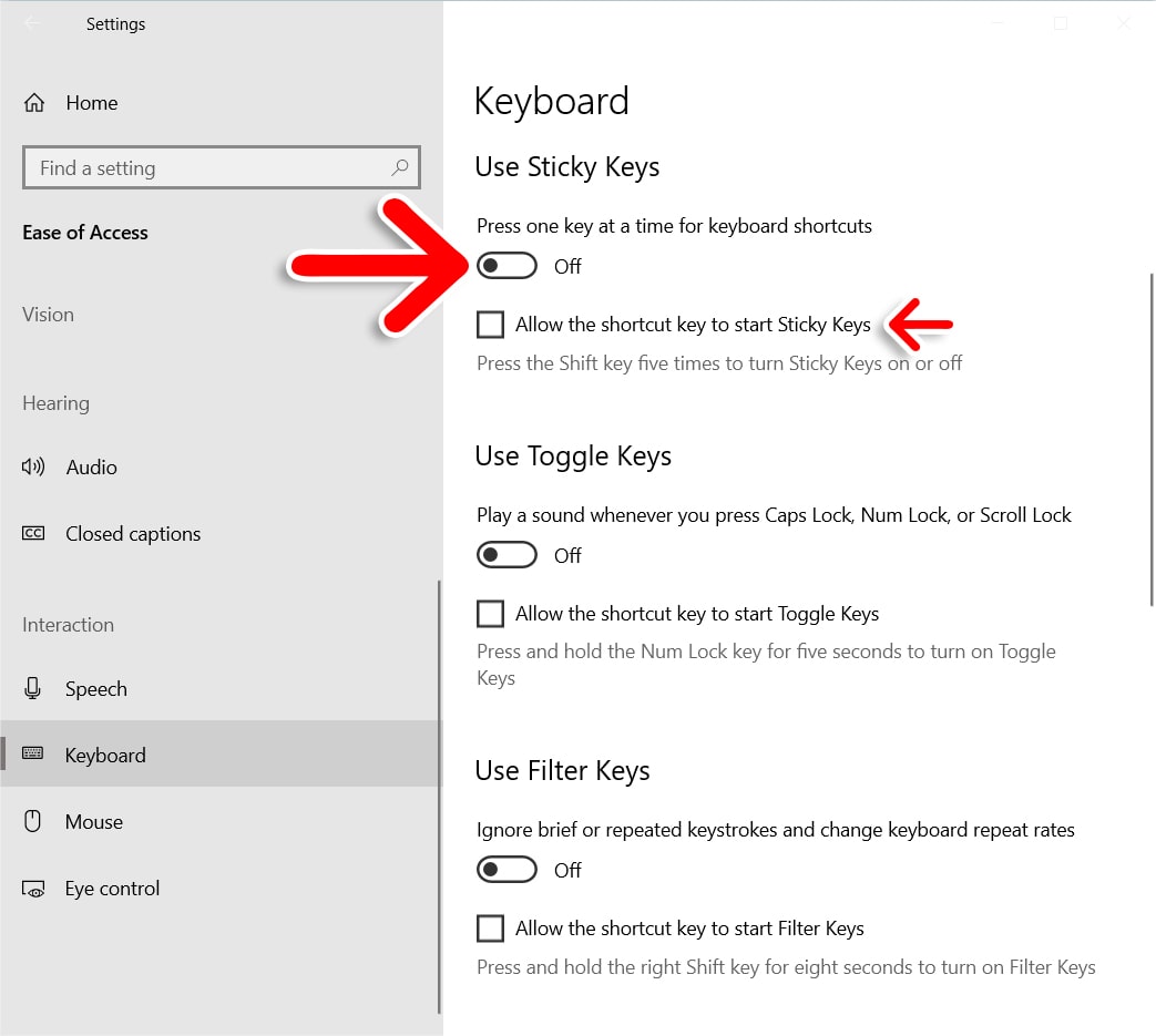 How to Turn off Sticky Keys in Windows 10