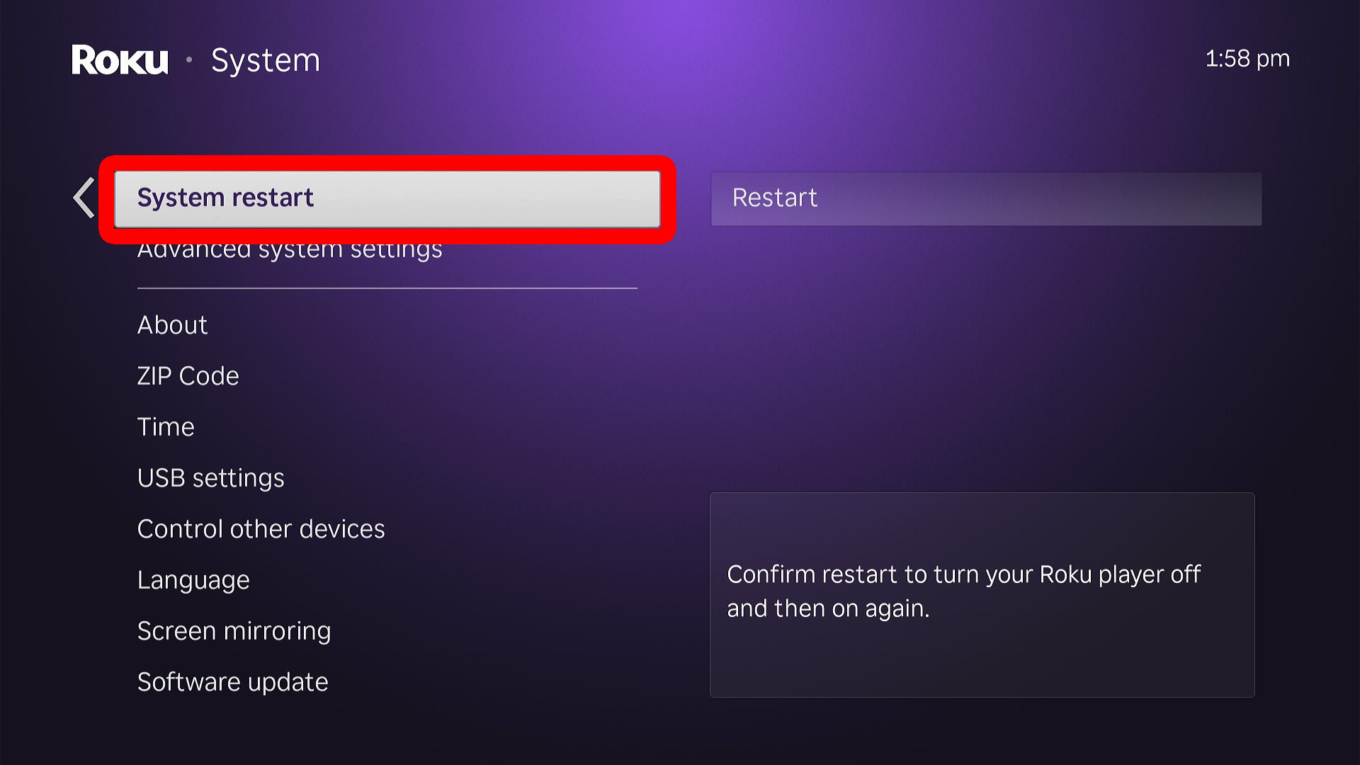 How to Restart Roku in the Settings Menu
